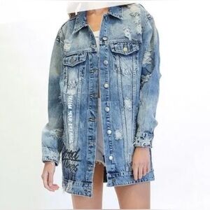 Womens Oversized Distressed Denim Jacket Longline Relaxed Blue Cotton Casual S